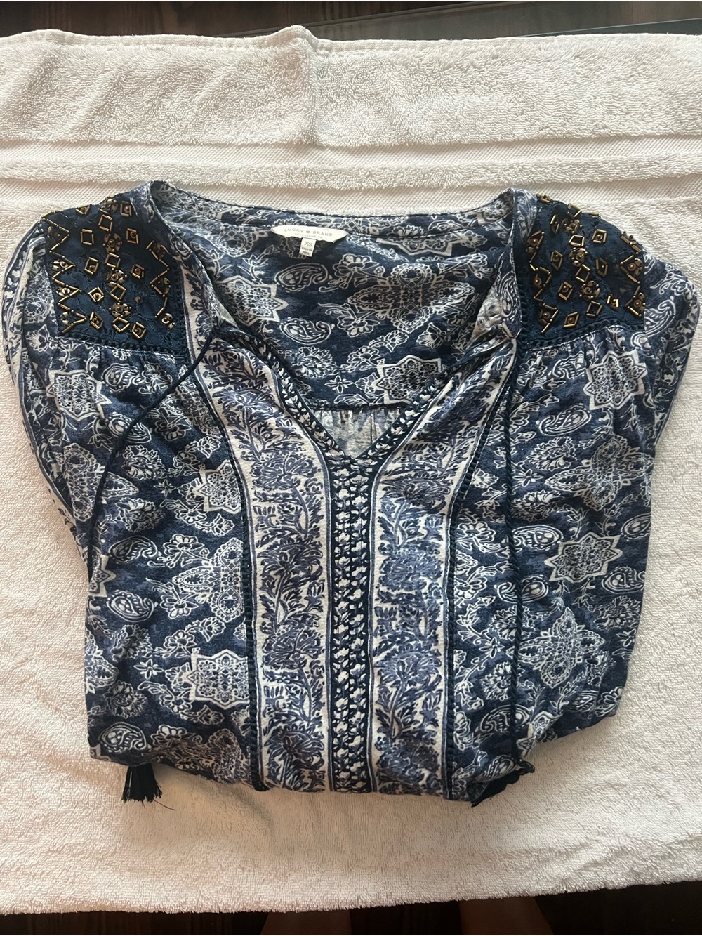 Lucky Brand Navy and White Embroidered Paisley Tunic with Gold Accent Shoulders.